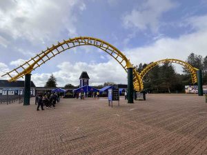 Original track from The Corkscrew coaster displayed in the entrance plaza at Alton Towers Resort