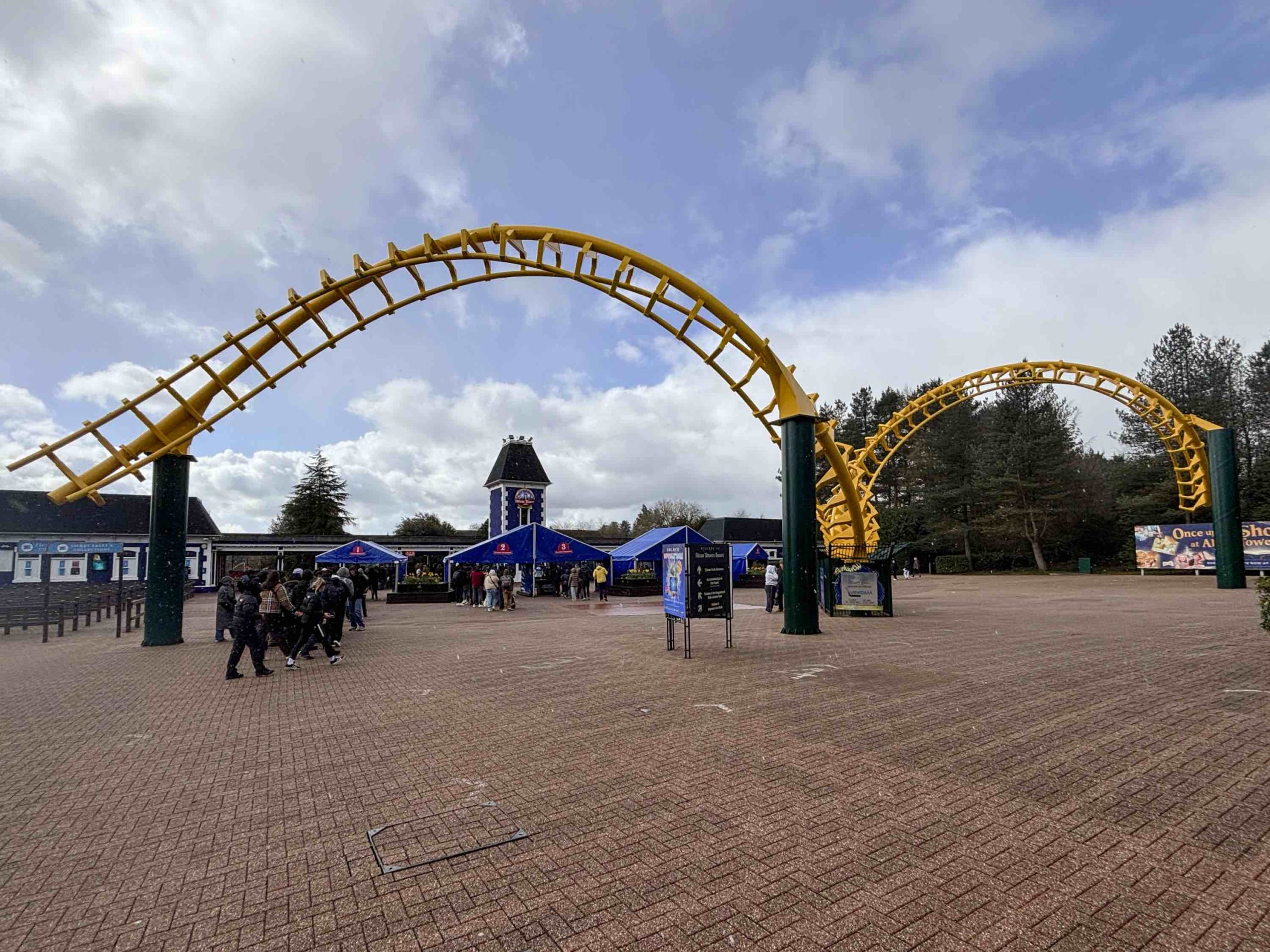 Original track from The Corkscrew coaster displayed in the entrance plaza at Alton Towers Resort
